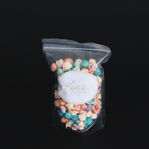 Berries N' Cream Popcorn in clear package snack size with white sticker with logo - Lisa's Popcorn