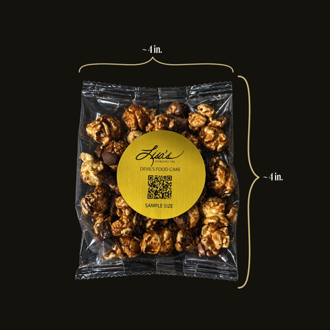 Sample Packaged Devil's Food Cake Popcorn with a gold label on a black background