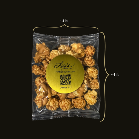 Packaged Peanut butter cup popcorn with a gold label on a black background