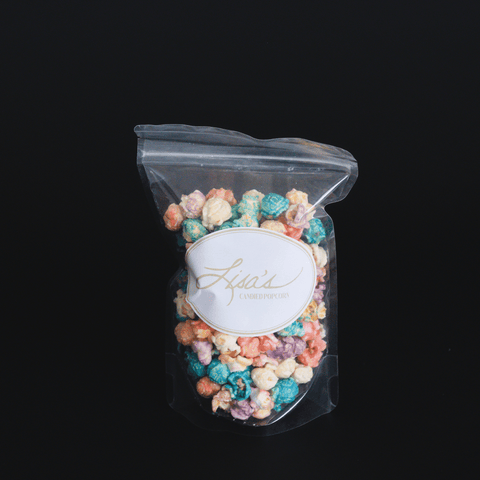 Berries N' Cream Popcorn  in clear package snack size with white sticker with logo - Lisa's Popcorn